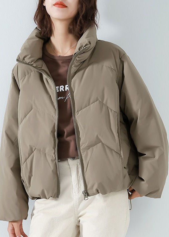 Khaki Cotton Blend Puffer Jacket Stand Collar Zip Up Drawstring Long Sleeve