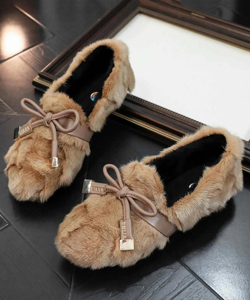Khaki Mink Hair Splicing Penny Loafers Fuzzy Wool Lined