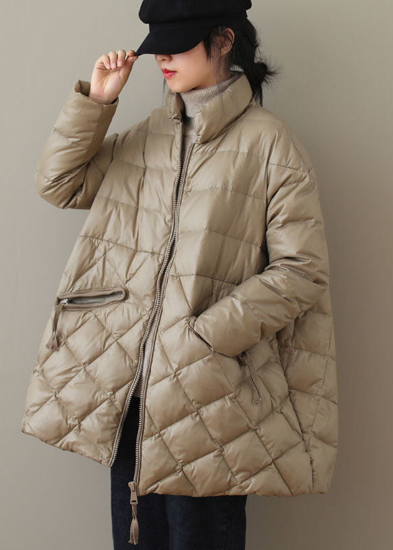 Khaki Fine Cotton Filled Parkaer Stand Collar Zip Up Winter