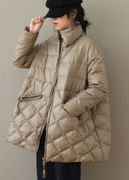 Khaki Fine Cotton Filled Parkaer Stand Collar Zip Up Winter