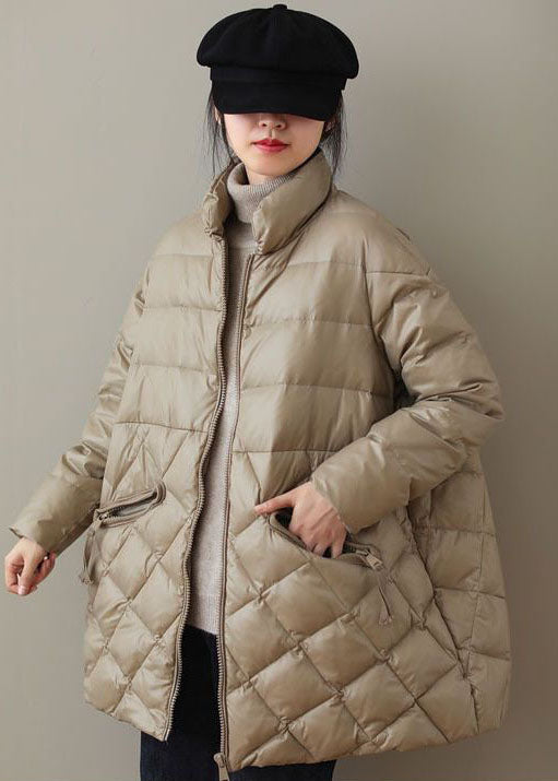 Khaki Fine Cotton Filled Parkaer Stand Collar Zip Up Winter