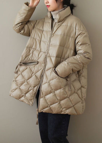 Khaki Fine Cotton Filled Parkaer Stand Collar Zip Up Winter