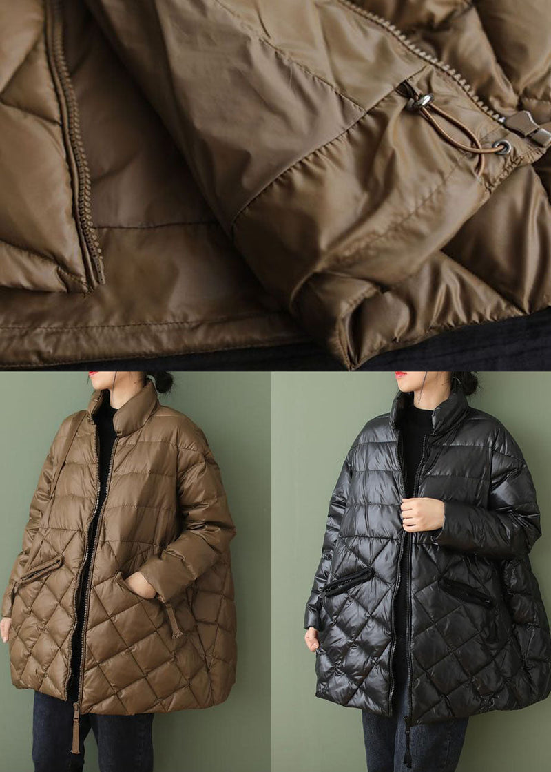 Khaki Fine Cotton Filled Parkaer Stand Collar Zip Up Winter