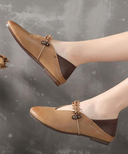 Khaki Flat Feet Shoes Cowhide Leather Splicing Flat Shoes for