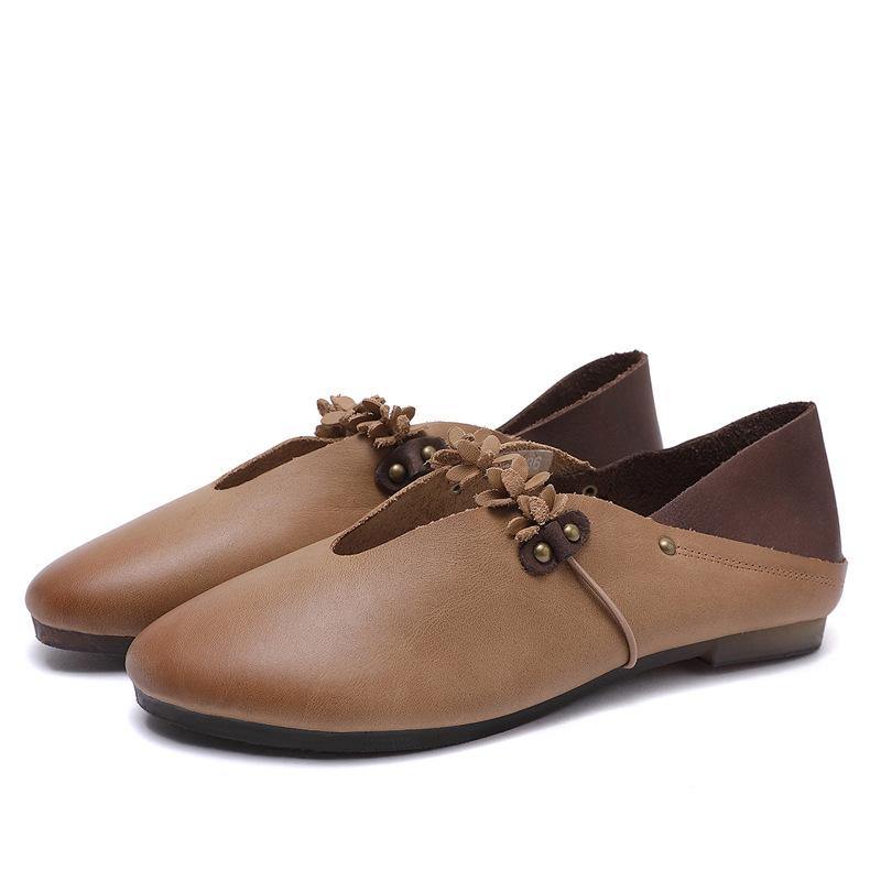 Khaki Flat Feet Shoes Cowhide Leather Splicing Flat Shoes for