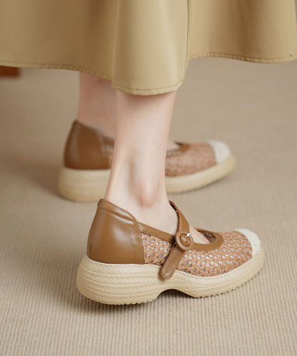 Khaki Flats Knit Fabric Comfy Buckle Strap Flat Shoes for