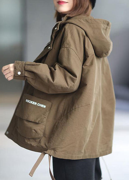 Khaki Hooded Zippered Winter Cotton Long Sleeve Coat