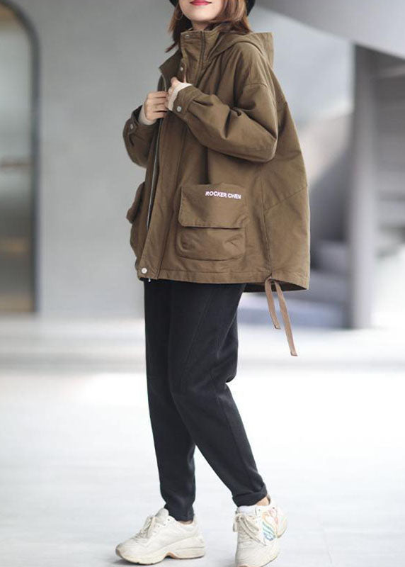 Khaki Hooded Zippered Winter Cotton Long Sleeve Coat