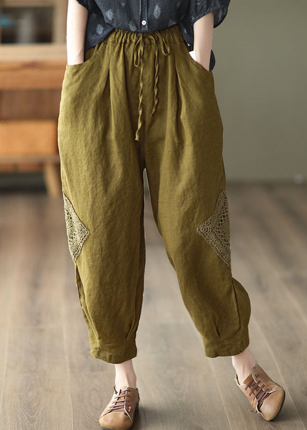 Khaki Lace Patchwork Linen Crop Pants Elastic Waist Fall