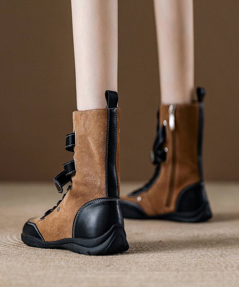 Khaki Lace Up Wedge Suede Splicing Boots