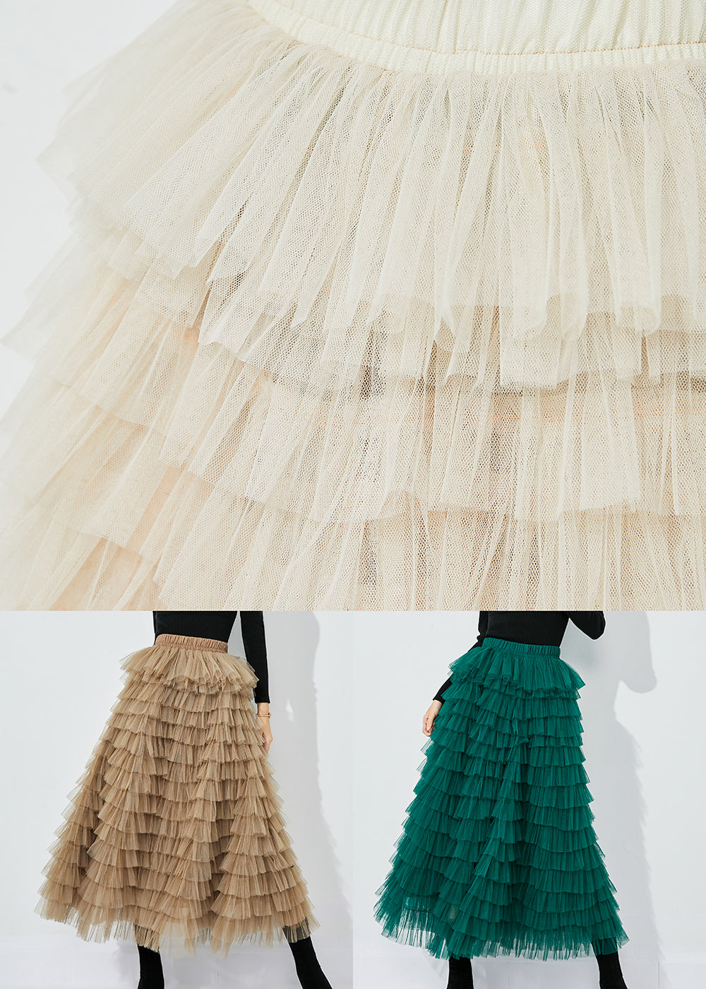 Khaki Layered Tulle a Line Skirt Exra Large Hem Summer