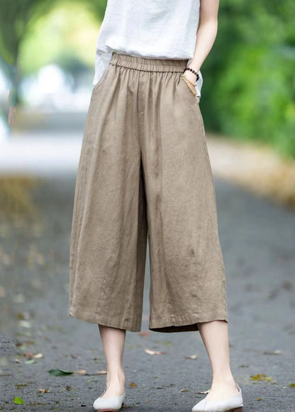 Khaki Linen Crop Pants Oversized Pockets Summer