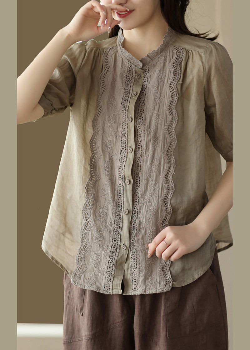 Khaki O-neck Embroideried Ramie Shirt Summer