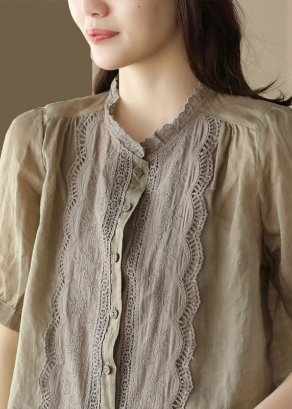 Khaki O-neck Embroideried Ramie Shirt Summer