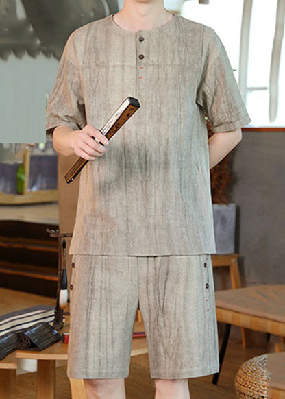 Khaki O-neck Pockets T Shirt and Shorts Two Pieces Set Short Sleeve