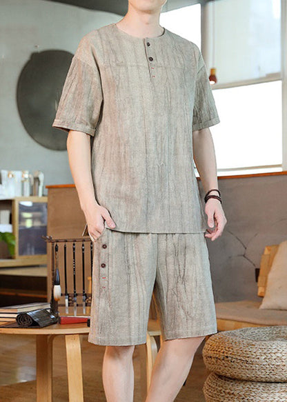 Khaki O-neck Pockets T Shirt and Shorts Two Pieces Set Short Sleeve