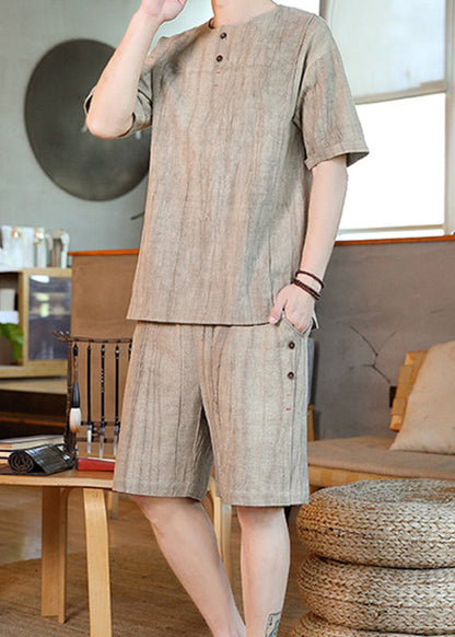 Khaki O-neck Pockets T Shirt and Shorts Two Pieces Set Short Sleeve