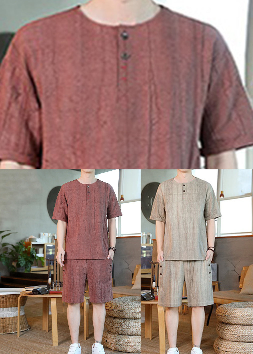 Khaki O-neck Pockets T Shirt and Shorts Two Pieces Set Short Sleeve