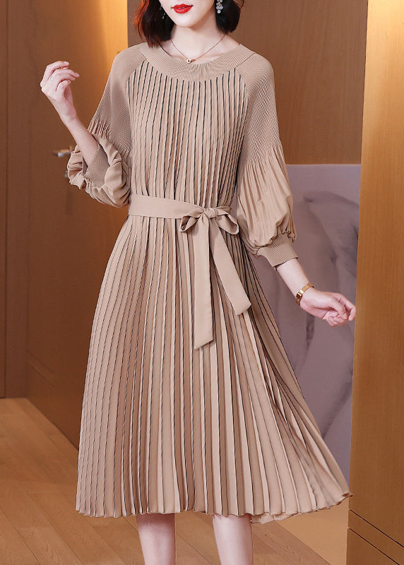 Khaki O-neck Tie Waist Maxi Dress Lantern Sleeve