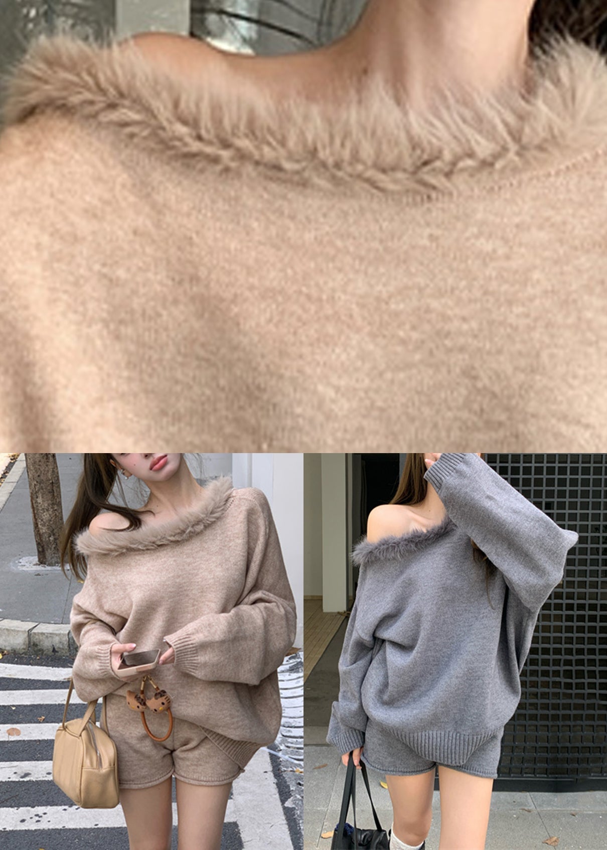 Khaki One Shoulder Cotton Knit Sweaters and Shorts Two Pieces Set Lantern Sleeve