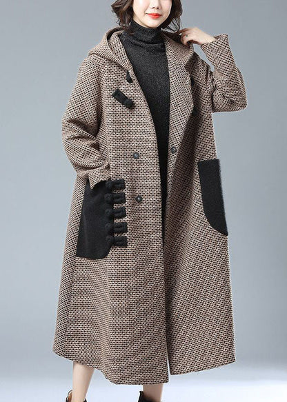 Khaki Oriental Woolen Trench Oversized Hooded Pockets Winter