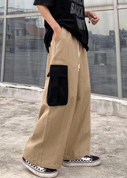 Khaki Original Design Patchwork Cotton Pants Elastic Waist