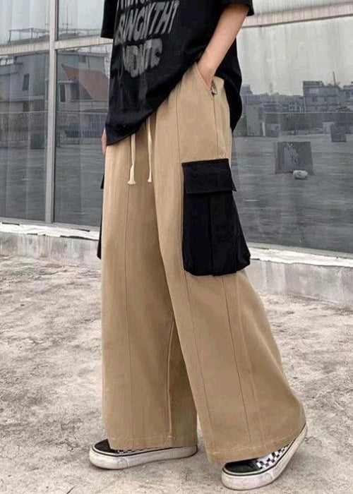 Khaki Original Design Patchwork Cotton Pants Elastic Waist