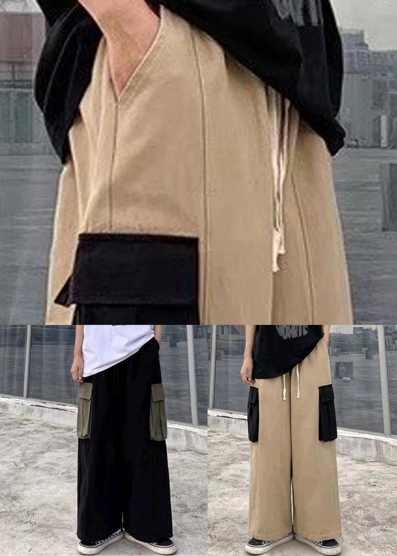 Khaki Original Design Patchwork Cotton Pants Elastic Waist