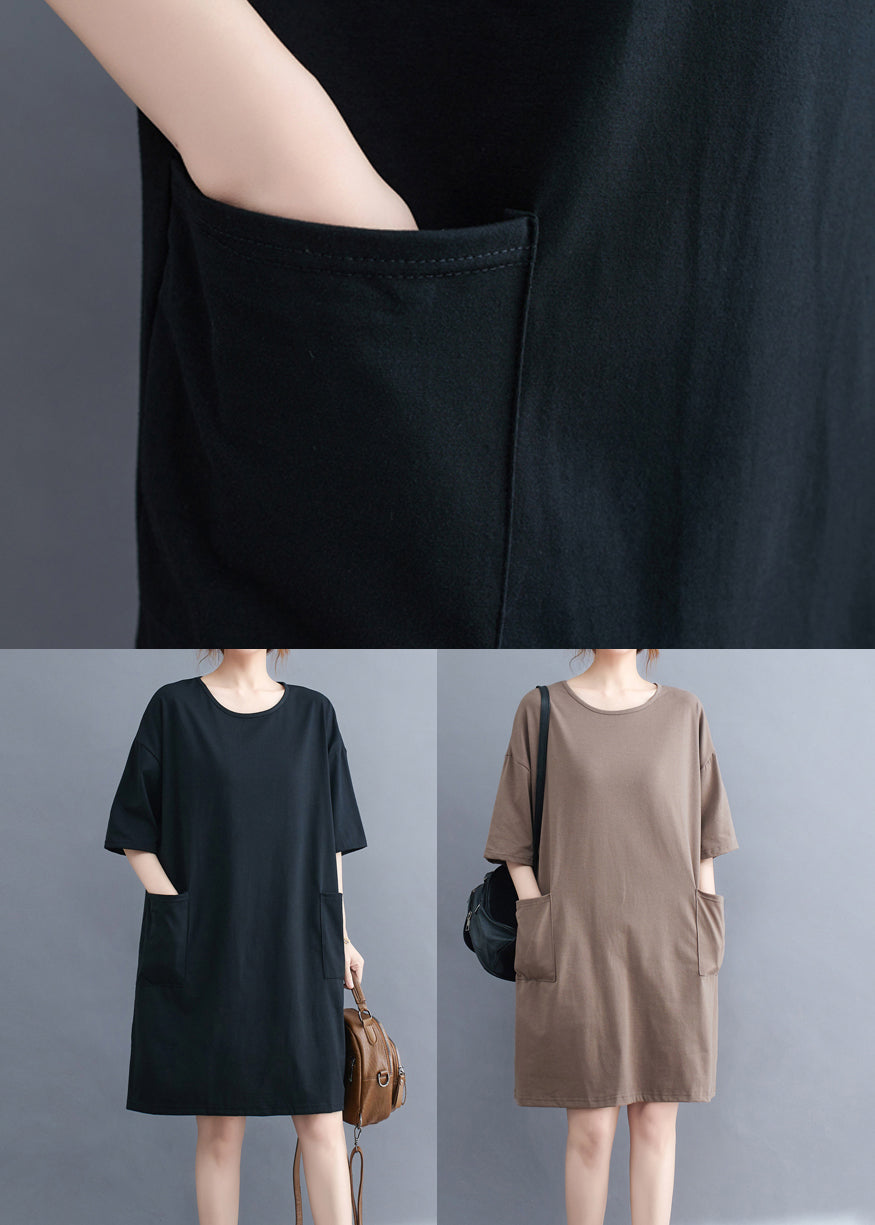 Khaki Oversized Cotton Dress O-neck Pockets Summer