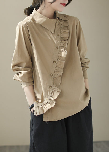 Khaki Patchwork Cotton Blouse Top Ruffled Long Sleeve