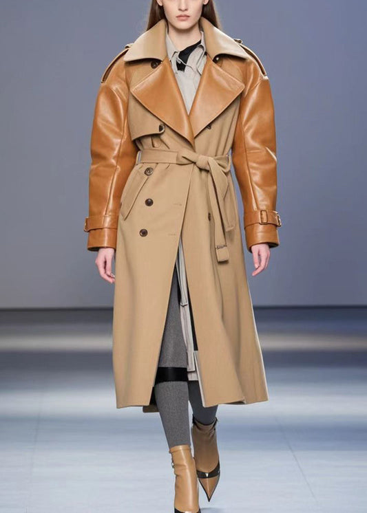 Khaki Patchwork Faux Leather Woolen Coats Tie Waist Fall