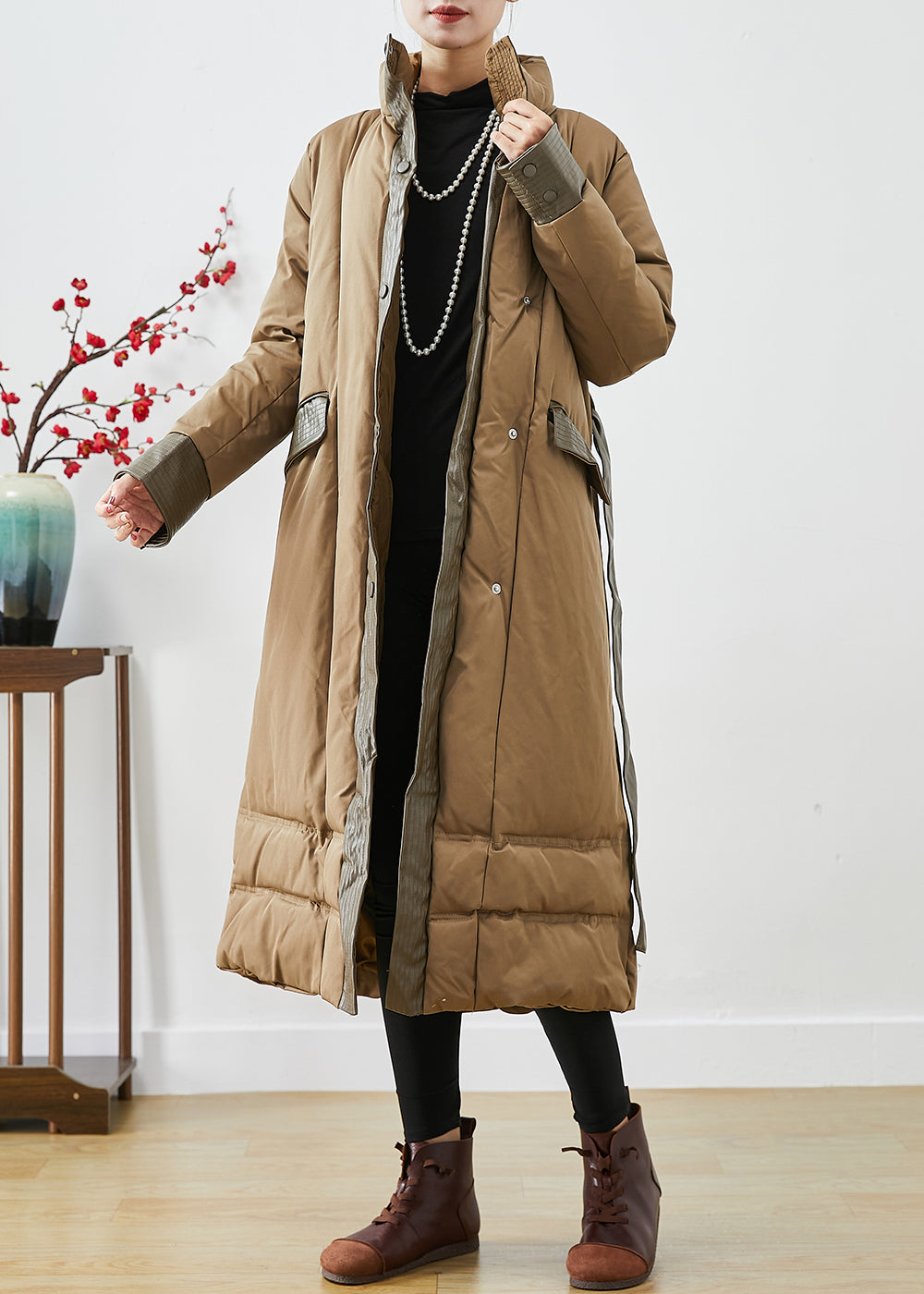 Khaki Patchwork Fine Cotton Filled Parka Warm Tie Waist Winter