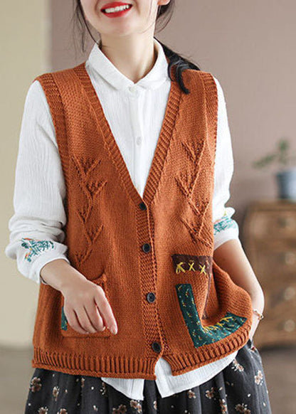 Khaki Patchwork Knit Vest Applique Pockets Spring