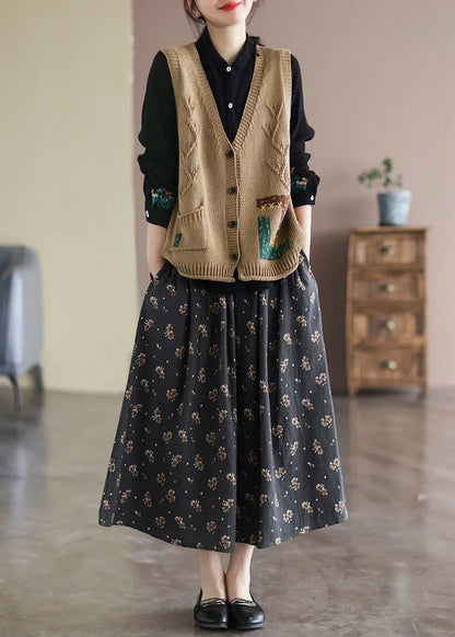 Khaki Patchwork Knit Vest Applique Pockets Spring