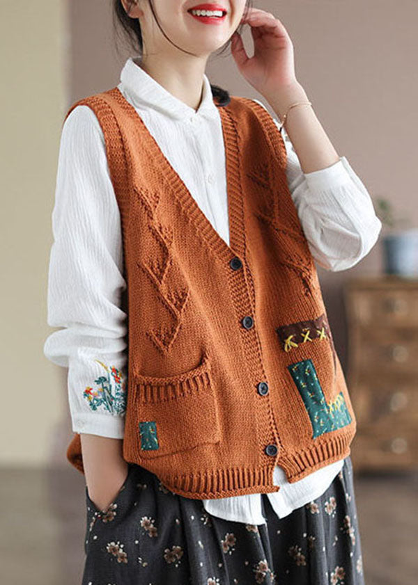 Khaki Patchwork Knit Vest Applique Pockets Spring