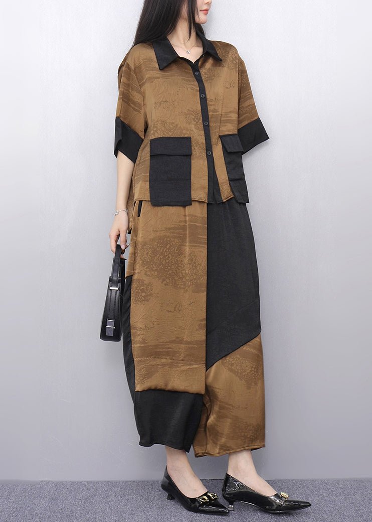 Khaki Patchwork Shirt and Crop Pants Two Pieces Set Short Sleeve