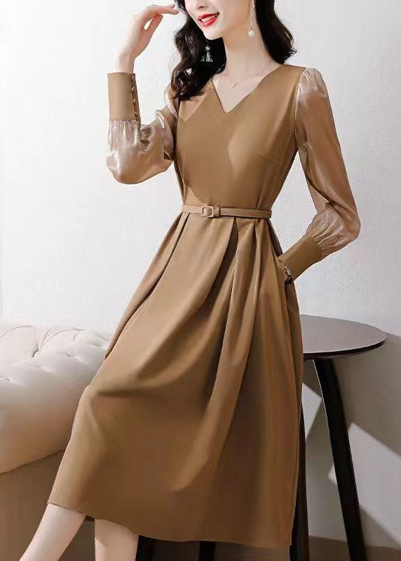 Khaki Patchwork Spandex a Line Dresses Cinched Spring