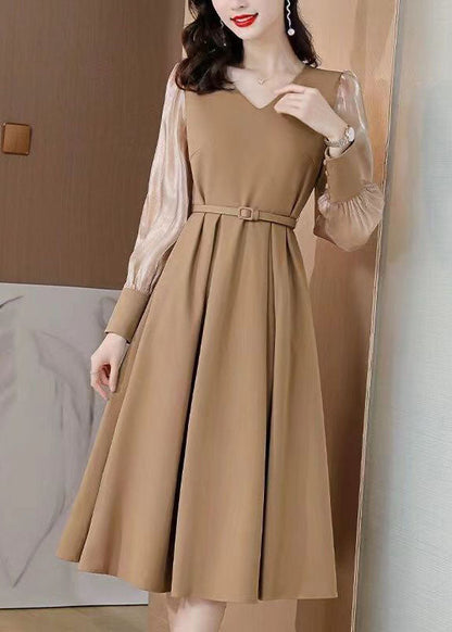 Khaki Patchwork Spandex a Line Dresses Cinched Spring