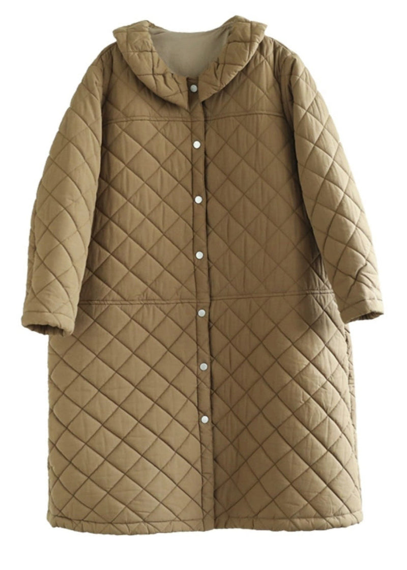 Khaki Plaid Fine Cotton Filled Jacket in Winter Peter Pan Collar