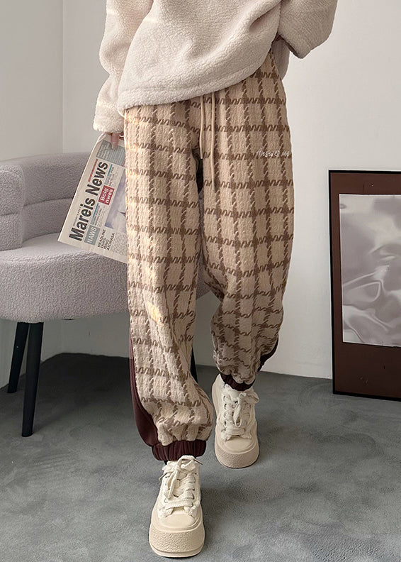 Khaki Plaid Lace Up Patchwork Cotton Pants Elastic Waist