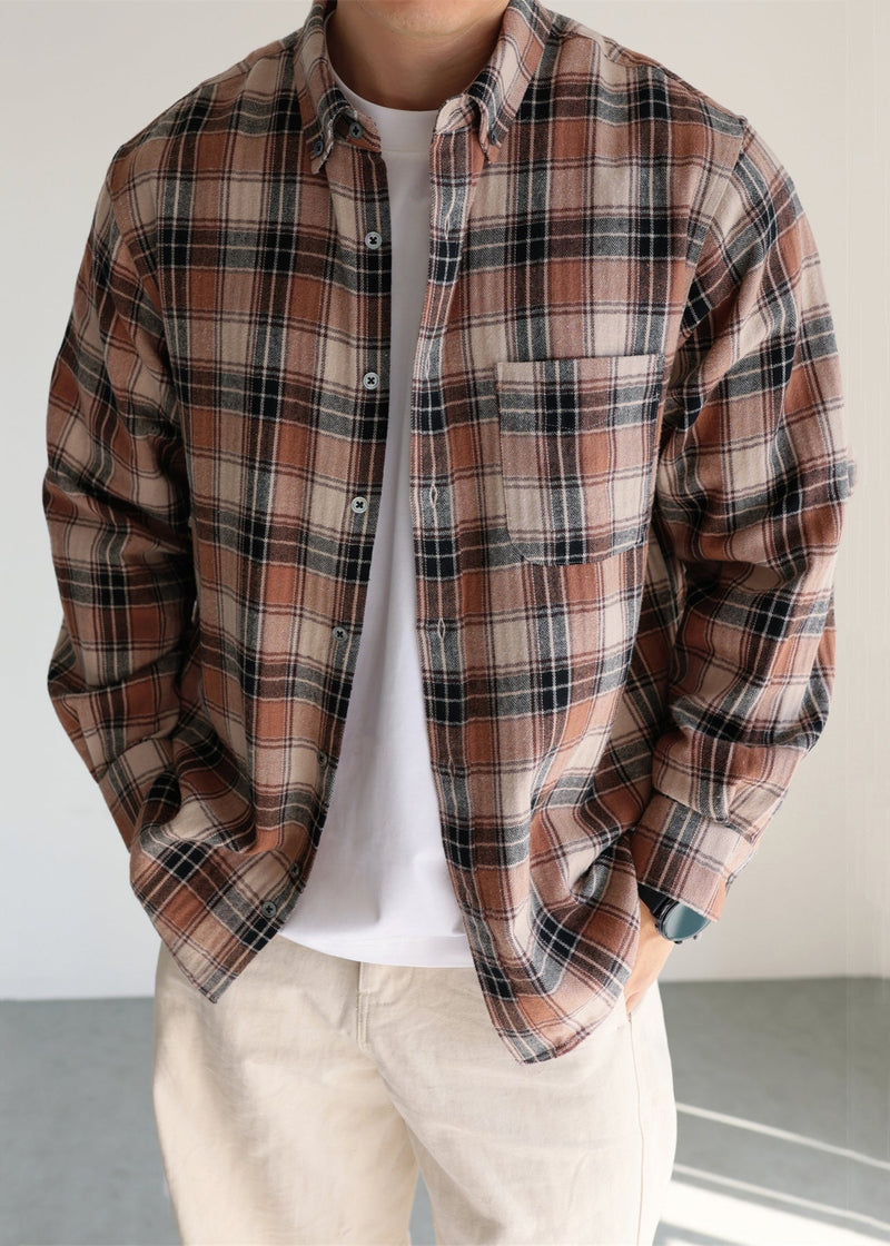 Khaki Plaid Pockets Cotton Fall Shirts Peter Pan Collar