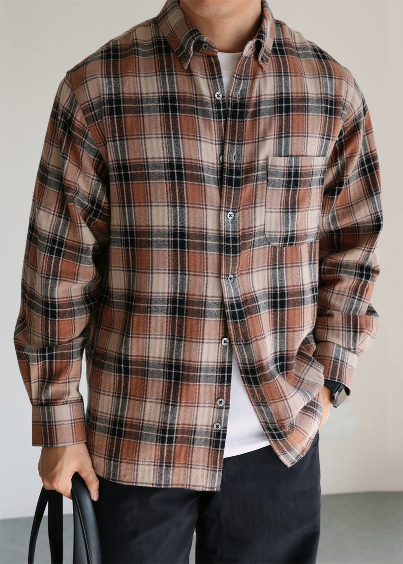 Khaki Plaid Pockets Cotton Fall Shirts Peter Pan Collar