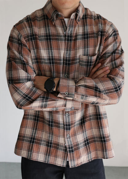 Khaki Plaid Pockets Cotton Fall Shirts Men Peter Pan Collar