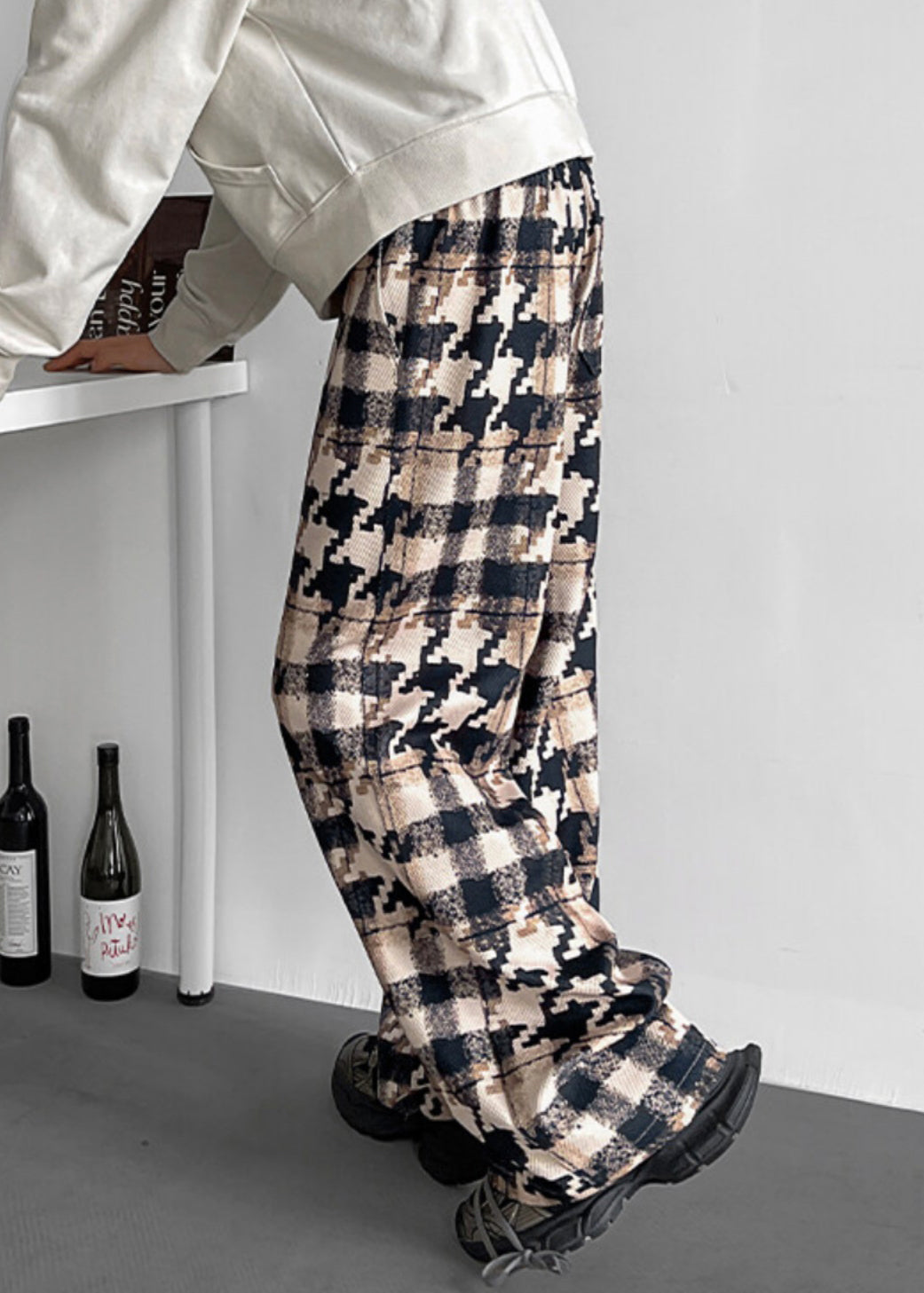 Khaki Plaid Pockets Cotton Pants Elastic Waist