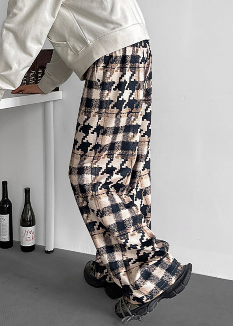 Khaki Plaid Pockets Cotton Pants Elastic Waist
