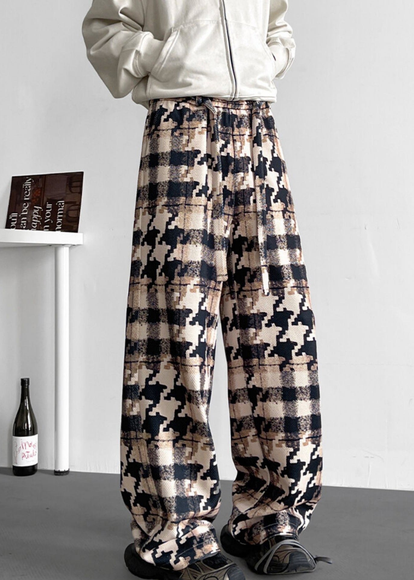 Khaki Plaid Pockets Cotton Pants Elastic Waist
