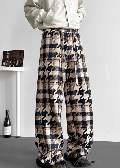 Khaki Plaid Pockets Cotton Pants Elastic Waist