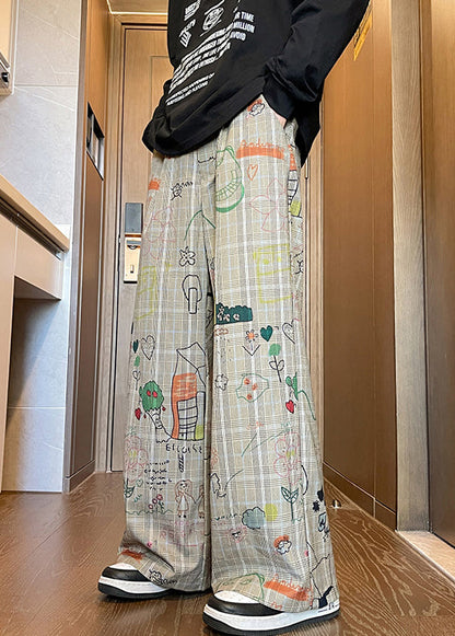 Khaki Plaid Pockets Cotton Wide Leg Pants High Waist