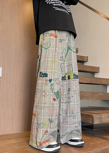 Khaki Plaid Pockets Cotton Wide Leg Pants High Waist