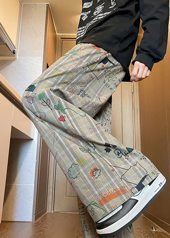 Khaki Plaid Pockets Cotton Wide Leg Pants High Waist
